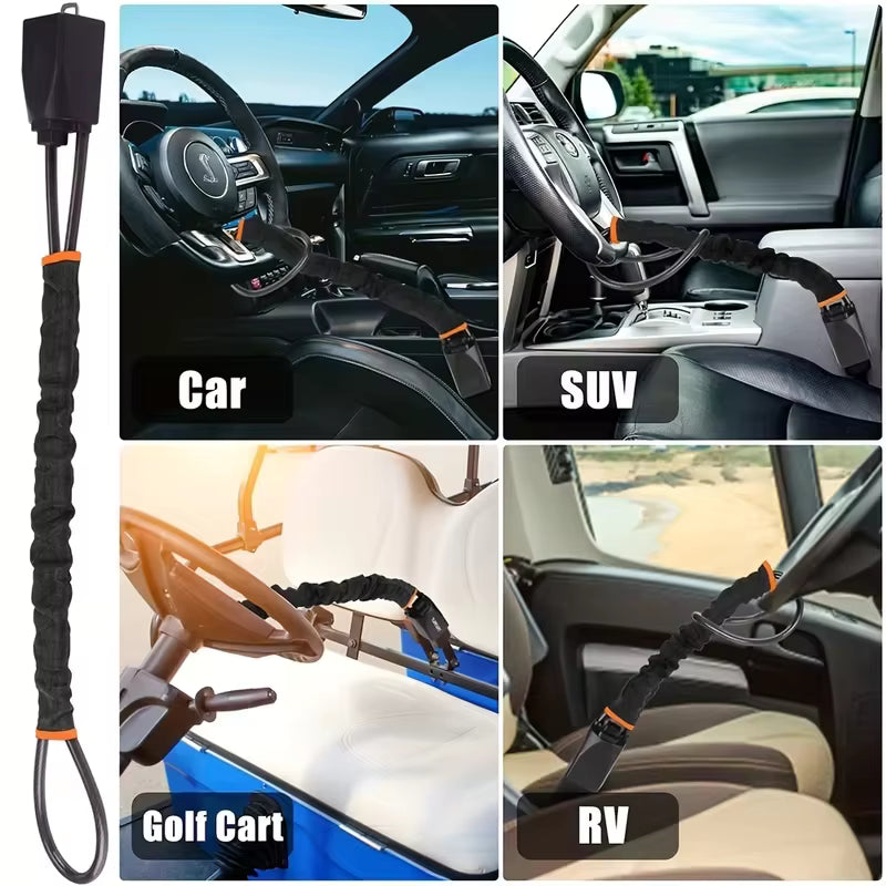 Visible SteerShield steering wheel lock deterring car theft when parked