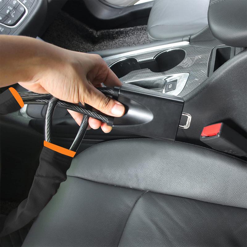 SteerShield anti-theft steering wheel lock fitted to a car
SteerShield steel cable resisting bolt cutters
SteerShield hardened lock core close-up
SteerShield steering wheel and seat belt lock universal fit
Driver installing SteerShield car security lock in seconds